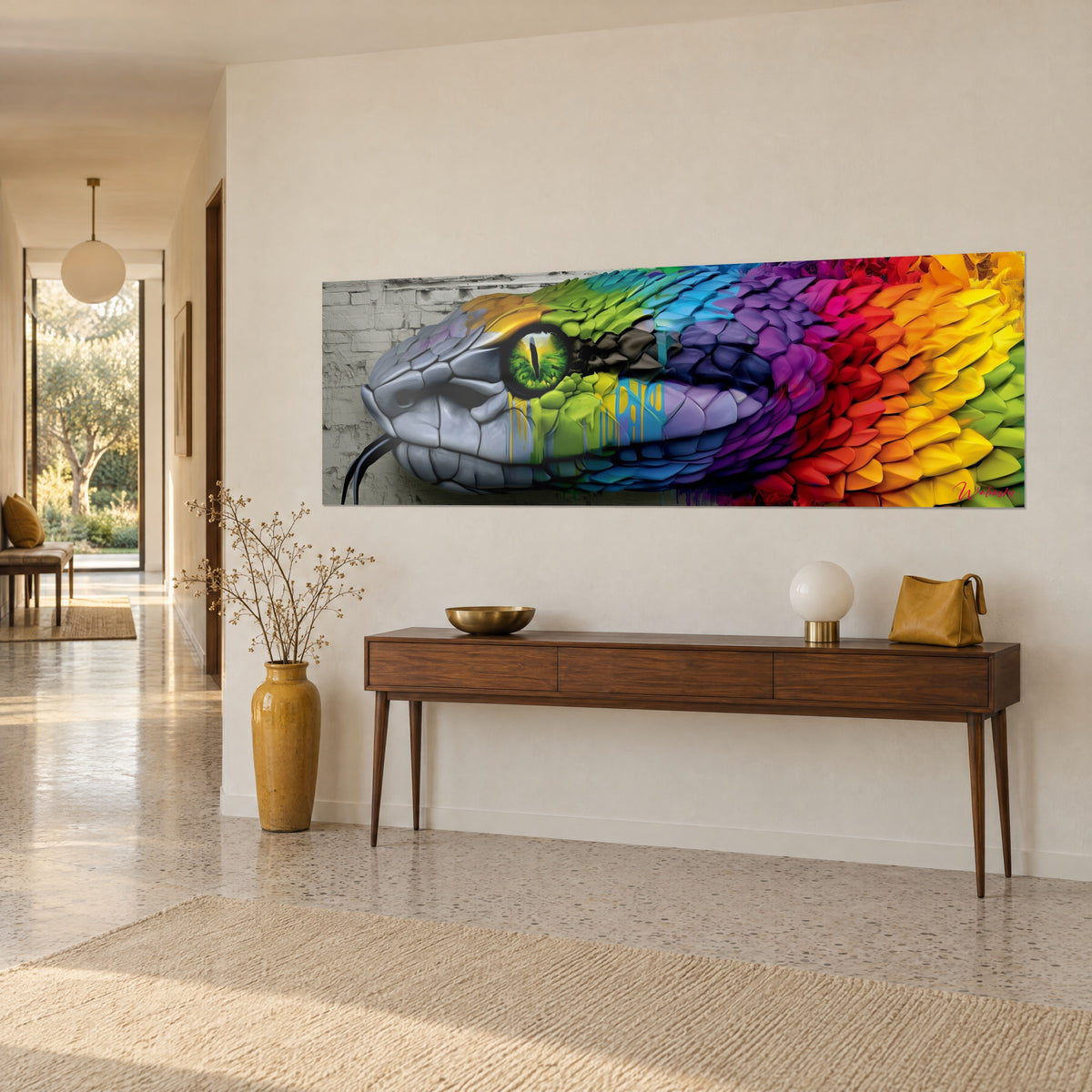 Schilderij cobra streetart, paarse en gele schubben, geschilderde witgekalkte bakstenen muur, driekwart zicht op een houten console