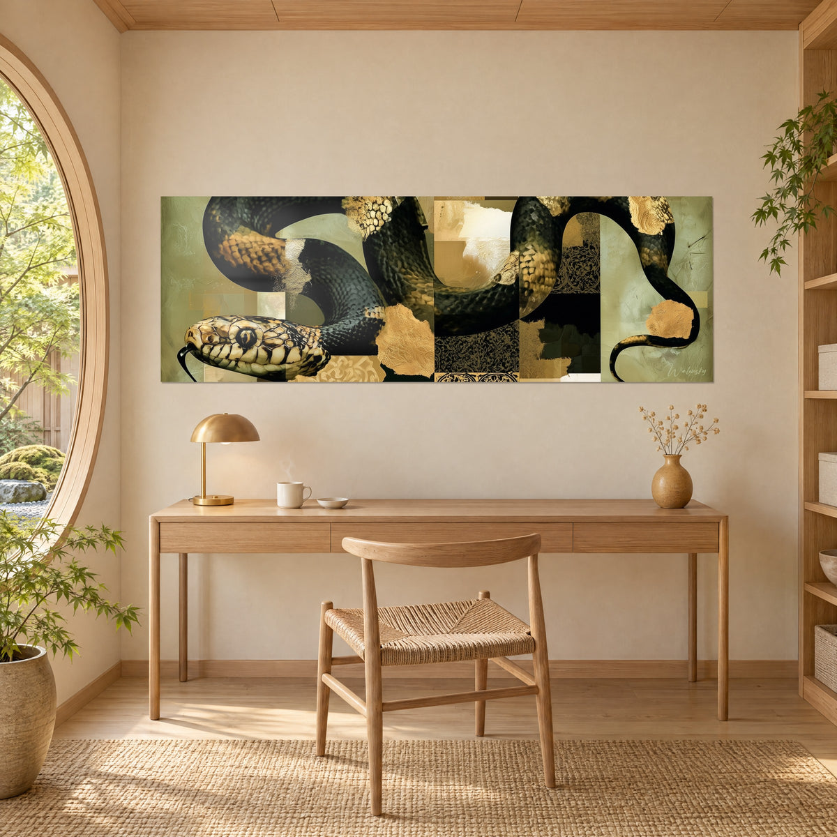 Tableau reptile sinueux noir et or, aplats vert olive, mur beige au-dessus d'un bureau en bois et d'une lampe laiton