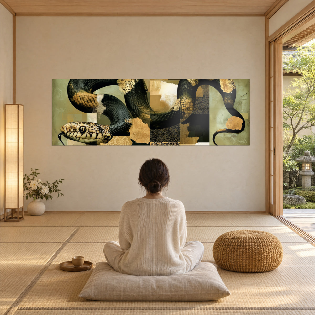 Tableau ophidien aux anneaux d'encre et feuilles d'or sur vert pâle, mur crème, personne assise de dos sur un coussin
