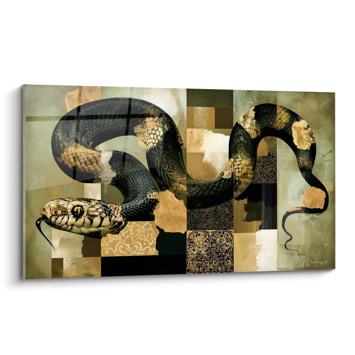 Serpent noir aux écailles dorées ondulant sur fond kaki et beige à motifs ornementaux