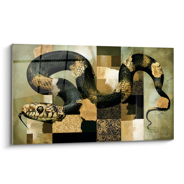 Tableau Serpent noir aux écailles dorées ondulantes - Glissement doré - Edition Serpent