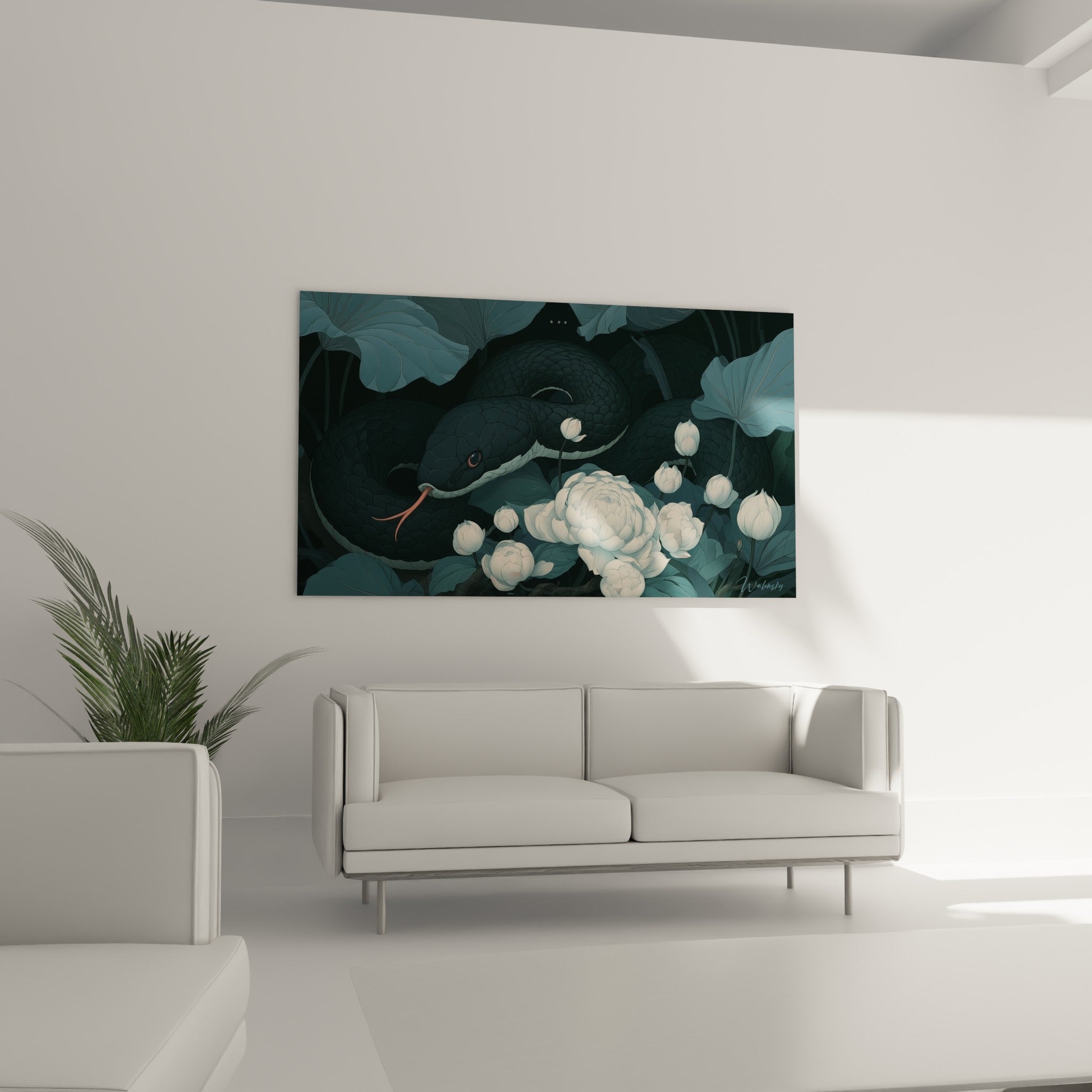 Silhouette noire du serpent parmi pivoines blanches et feuilles bleutées, au-dessus d'un canapé dans un salon lumineux