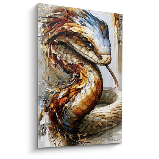 Tableau Serpent enroulé écailles ocre et bleutées - Vigilance reptilienne - Edition Serpent