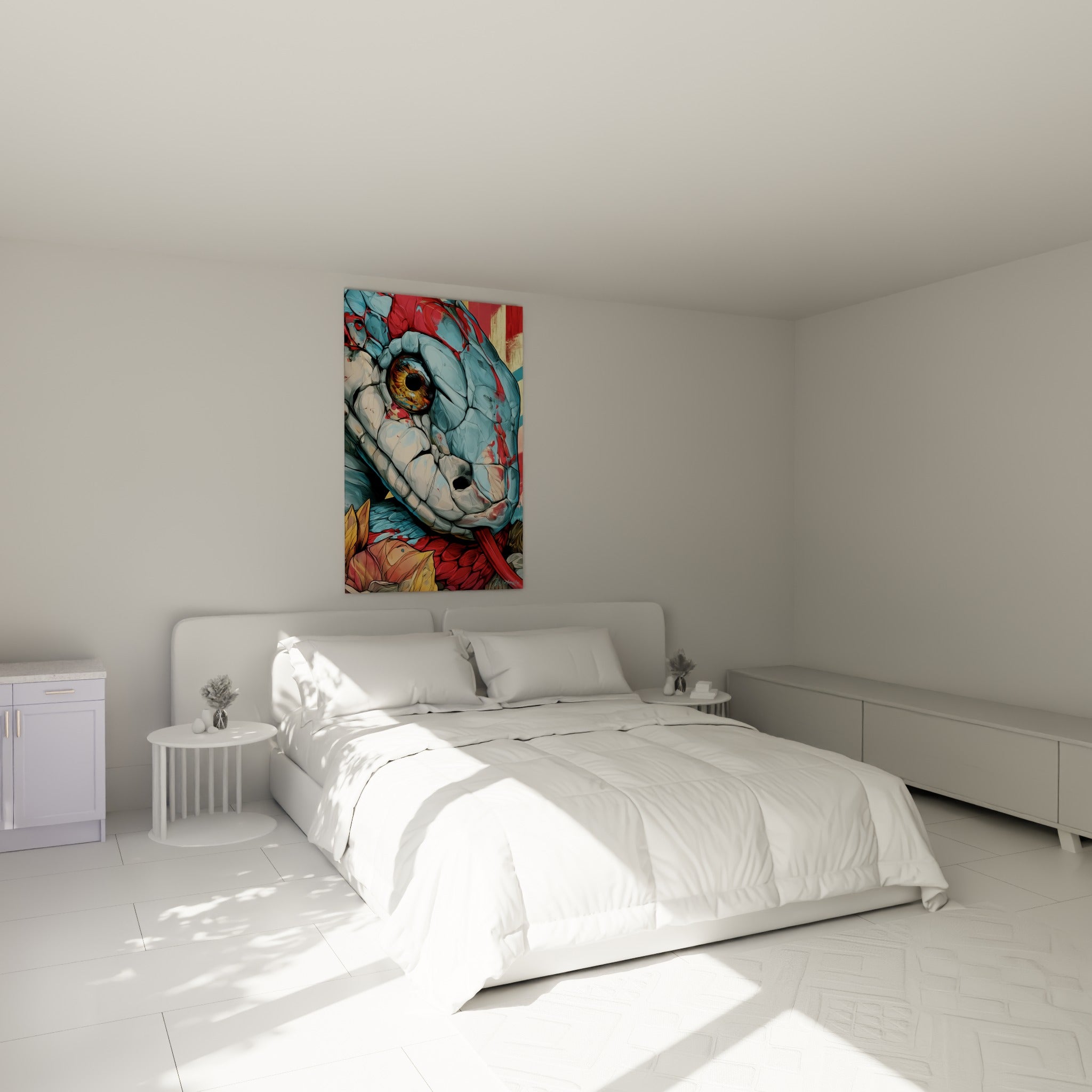 Reptile graphique bleu pastel et rouge vif accroché au-dessus d'un lit dans une chambre claire