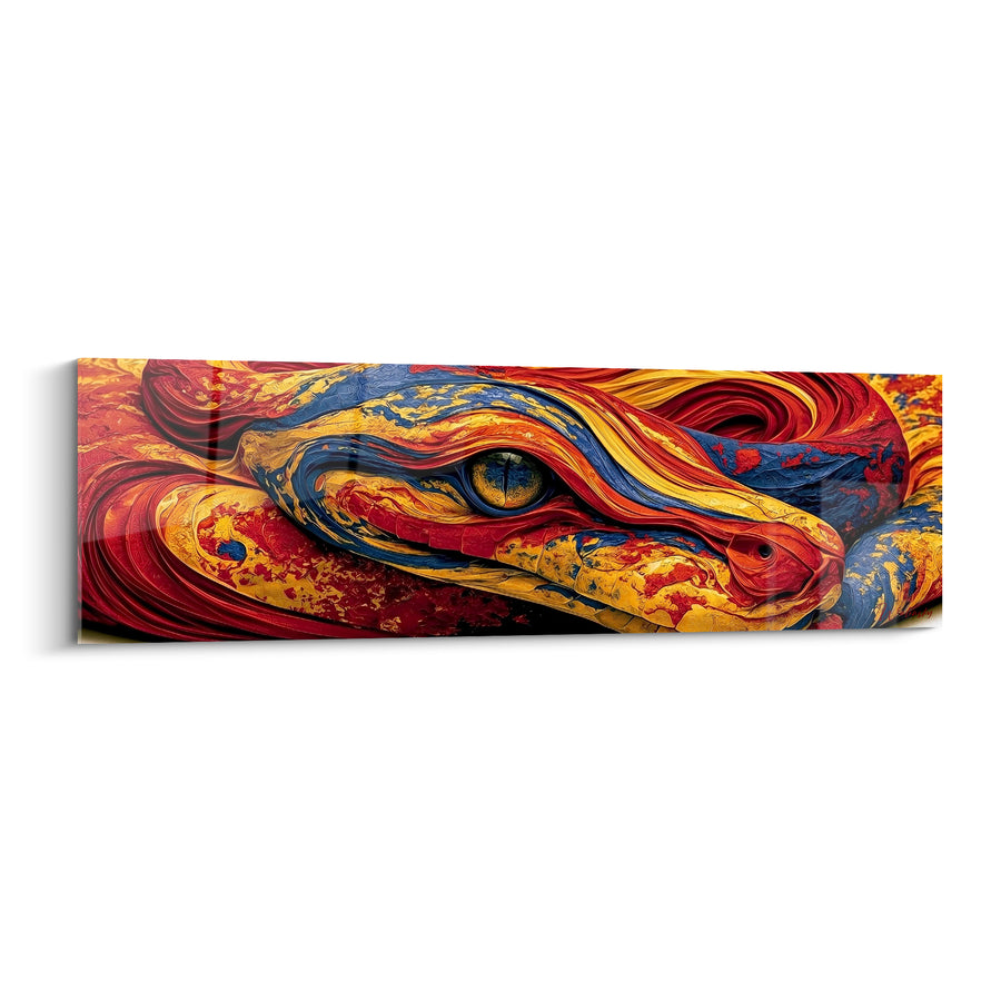 Tableau Serpent rouge et jaune aux écailles marbrées tourbillonnantes - Œil vert perçant - Edition Serpent