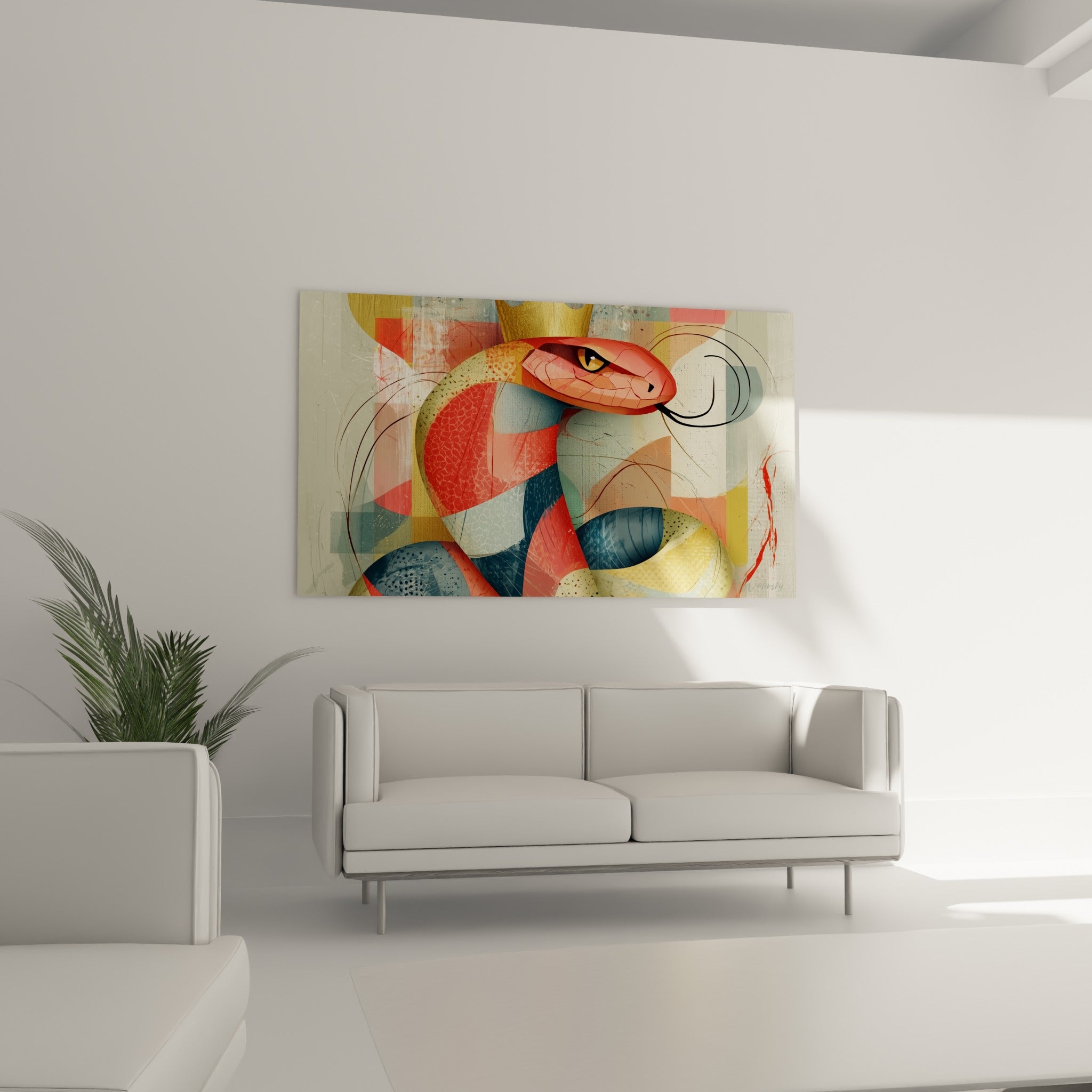 Tête de serpent aux tons rouges et bleu ardoise, œil doré perçant, suspendue au-dessus d'un canapé dans un salon lumineux