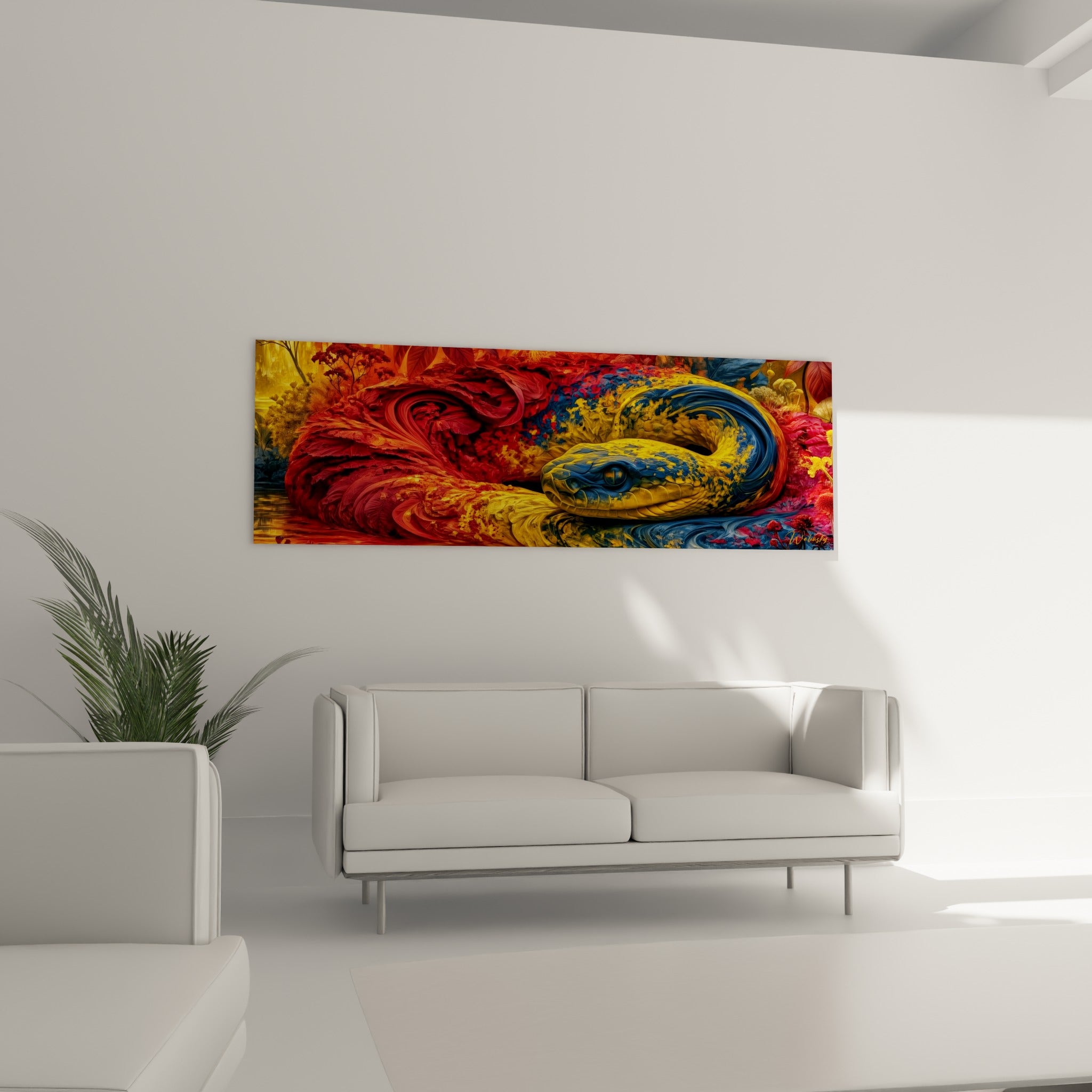 Écailles jaunes et bleues du serpent peint au-dessus d'un canapé dans un salon lumineux