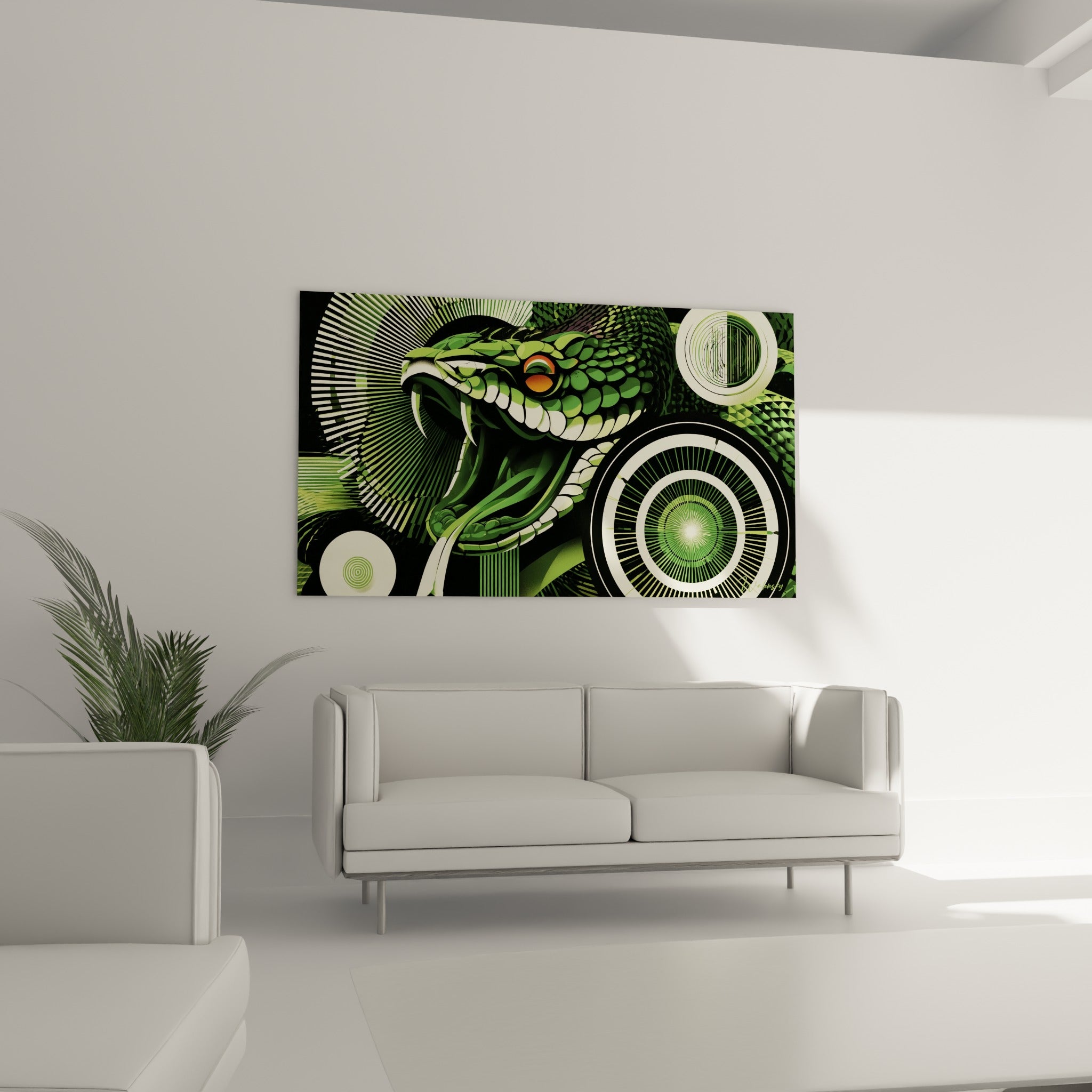 Gueule de serpent vert et noir grand ouverte, œil orange intense, au-dessus d'un canapé dans un salon lumineux.
