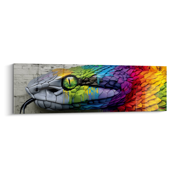 Tableau Serpent gris et arc-en-ciel sur mur de briques - Métamorphose éclatante - Edition Serpent