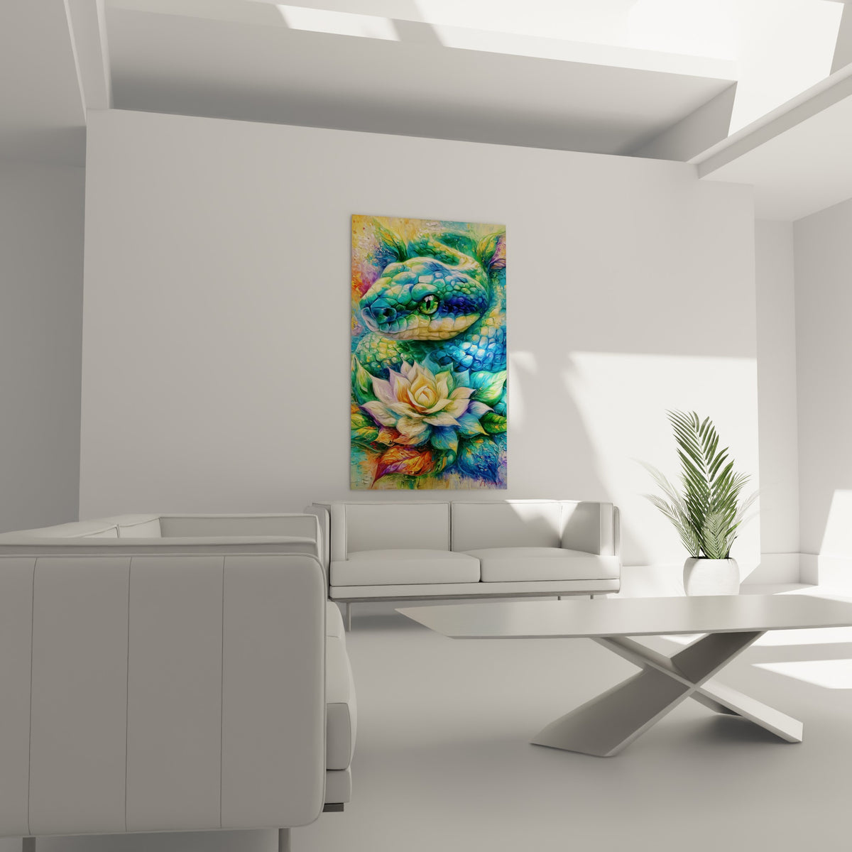 Œil vert perçant et écailles vertes du serpent, suspendu au-dessus d'un canapé dans un salon lumineux
