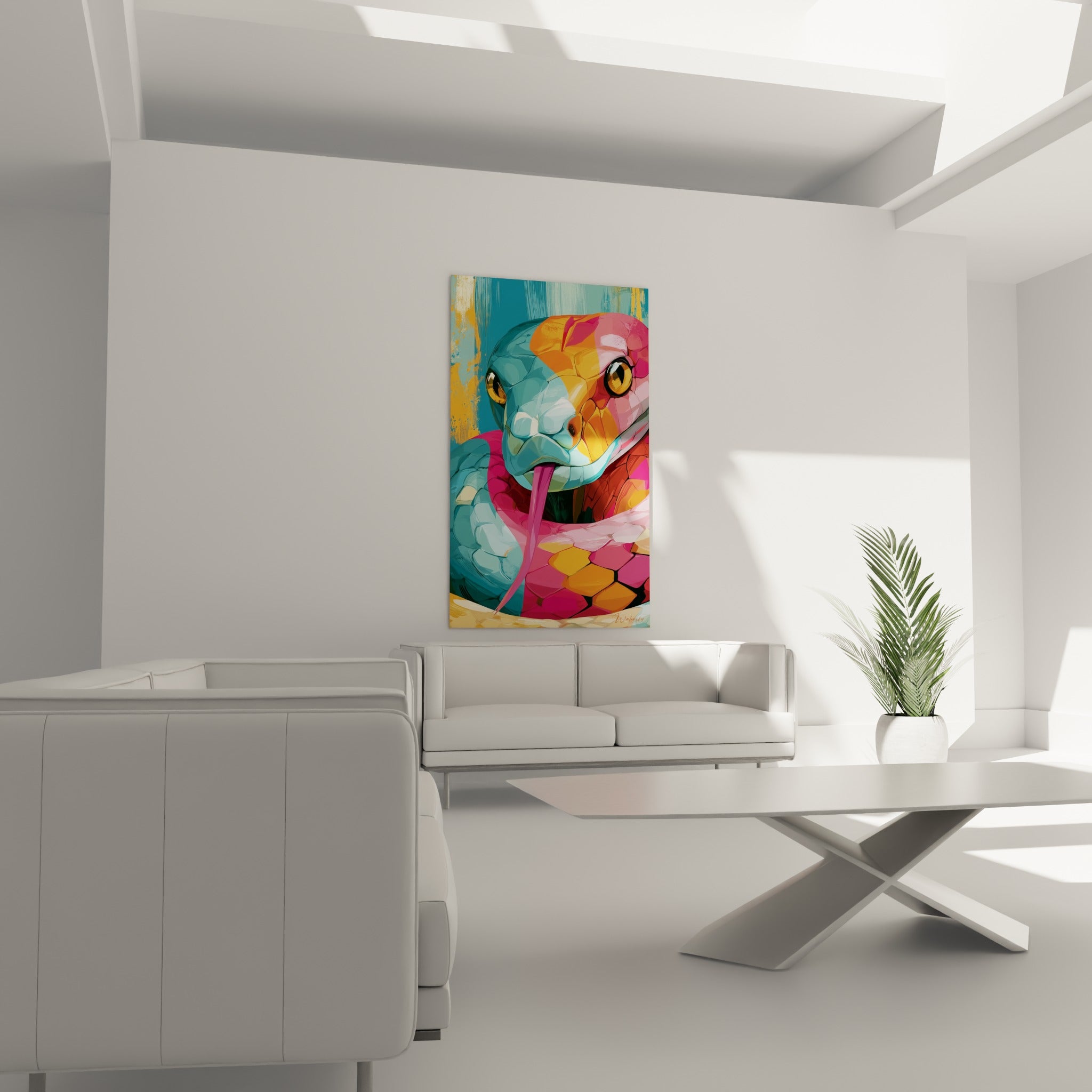 Tête de serpent stylisée orangé et turquoise, langue rose tendue, au-dessus d'un canapé dans un salon lumineux