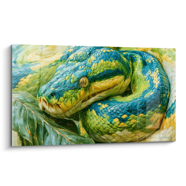 Tableau Python vert et bleu lové sur feuille tropicale - Œil doré perçant - Edition Serpent