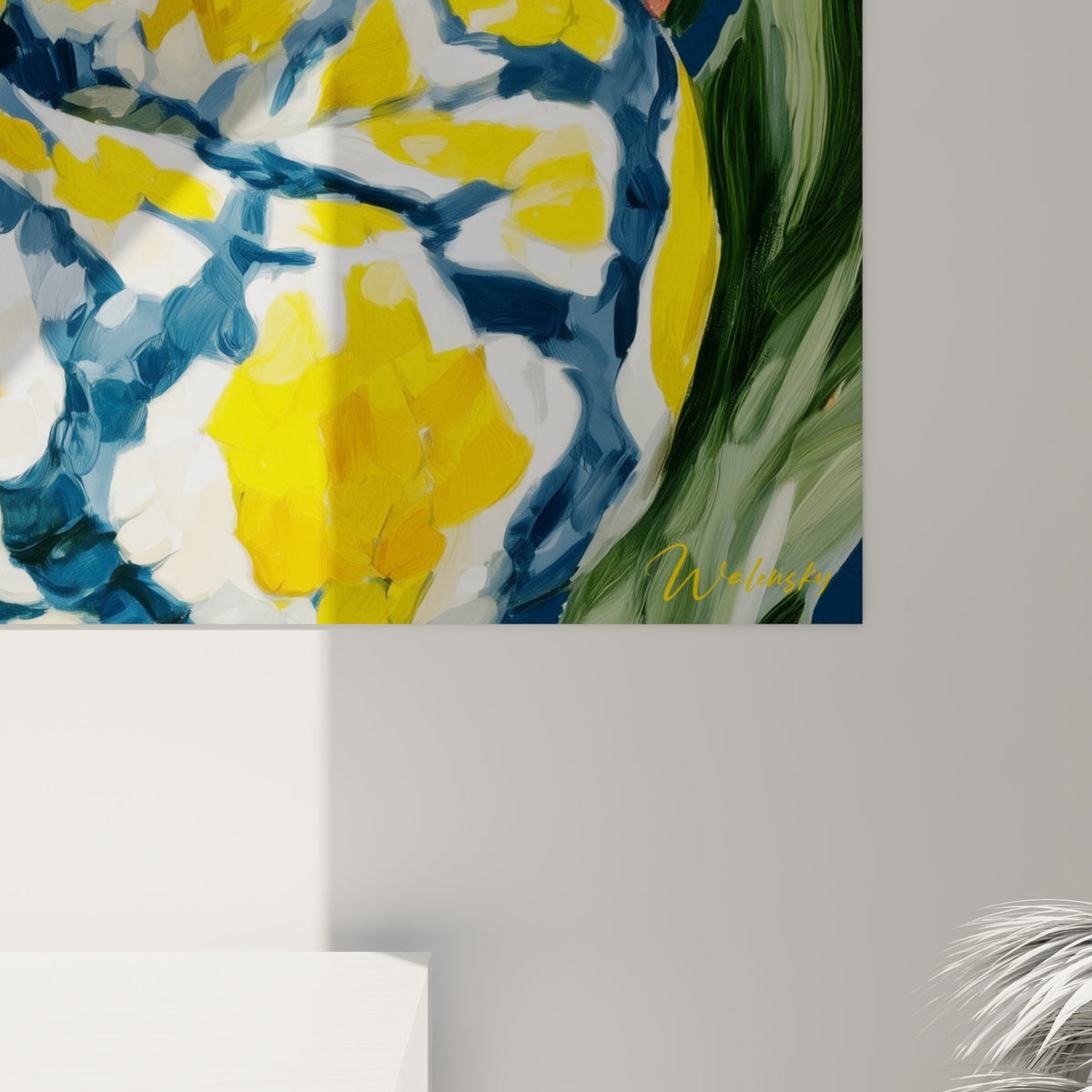 Empâtements jaune et bleu marine formant les écailles du python, langue rose et œil orangé visibles de près