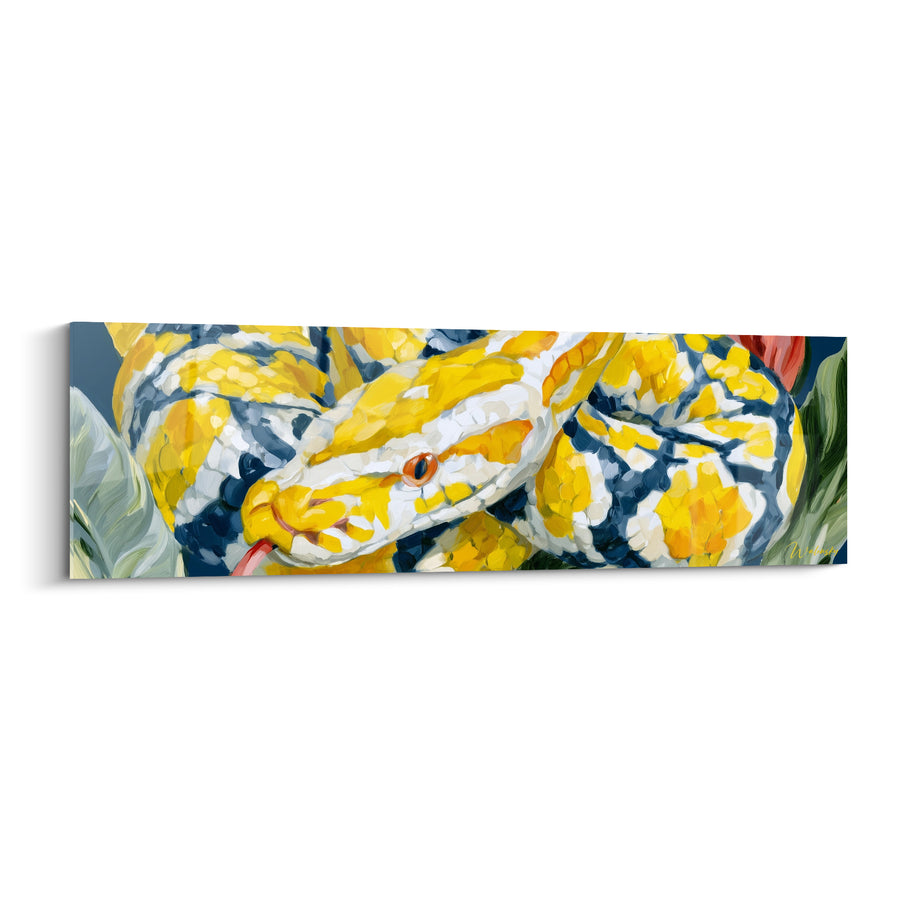 Tableau Python jaune et bleu marine langue tendue - Œil orange perçant - Edition Serpent
