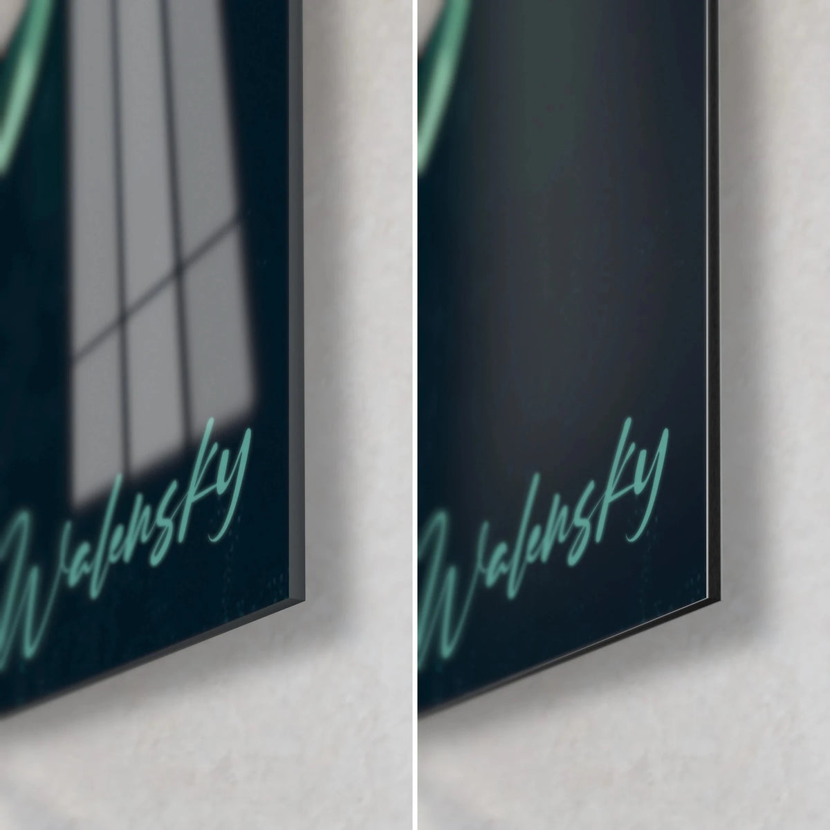 Schilderij van gestileerde boomtakken, rechtsonder hoek in glanzend glas en mat Dibond, zwarte rand, turquoise handtekening