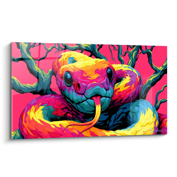 Tableau Serpent lové rose et jaune vif - Charme hypnotique - Edition Serpent