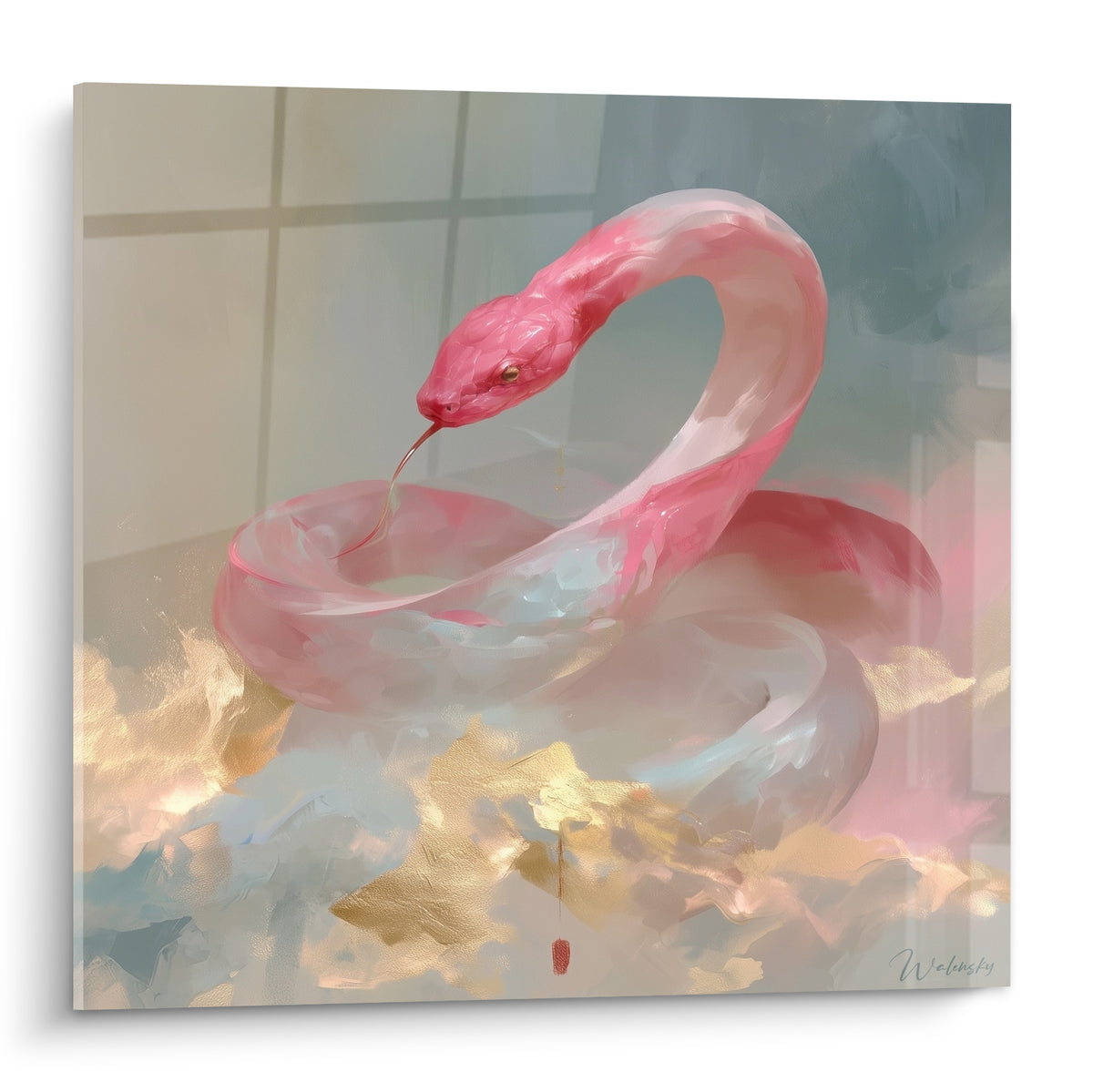 Serpent rose et blanc lové, langue tendue, fond gris bleuté et touches dorées éclatantes