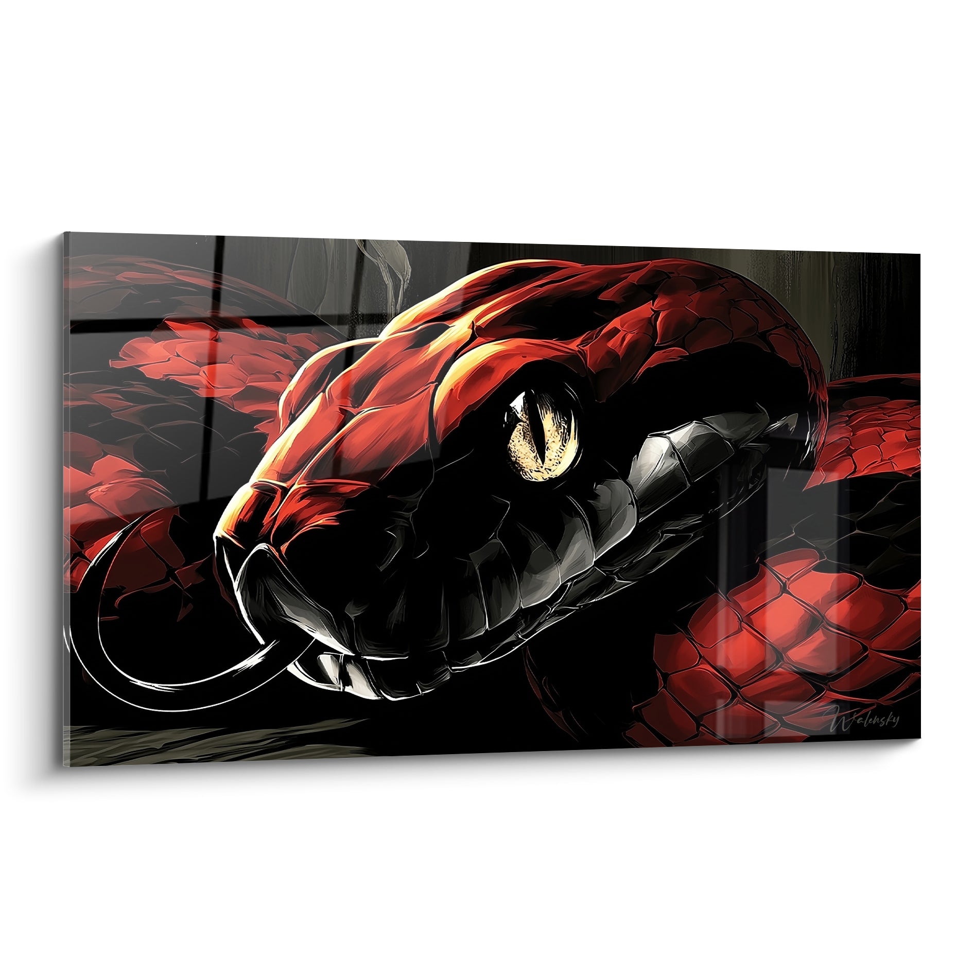 Serpent rouge et noir aux écailles luisantes, œil doré perçant, langue blanche déployée