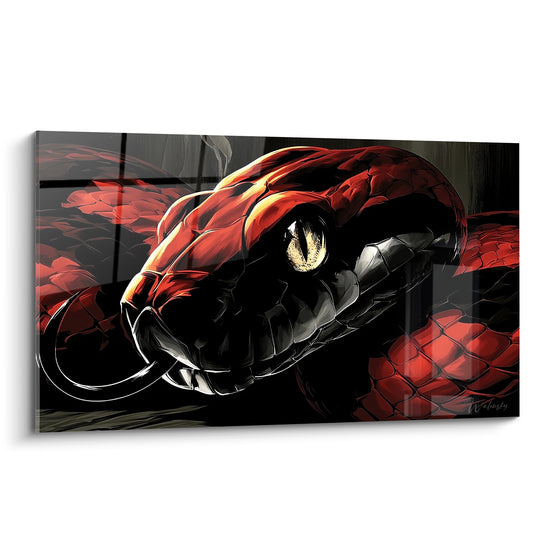 Serpent rouge et noir aux écailles luisantes, œil doré perçant, langue blanche déployée