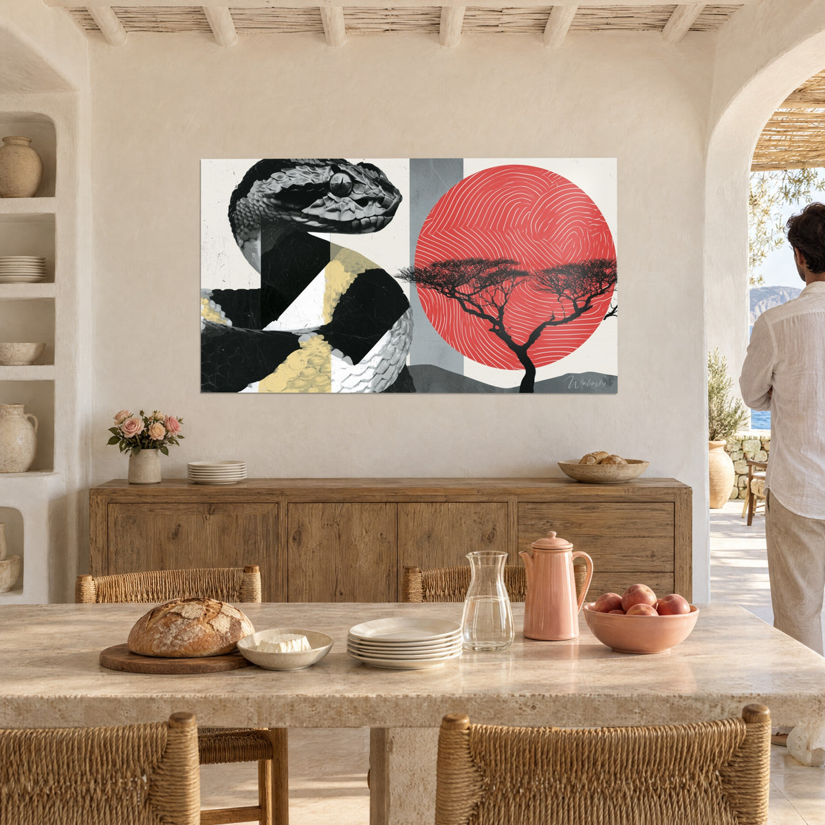 Wall art of a grass snake with black and butter-yellow rings, bright red sun, acacia in silhouette, Mediterranean dining room