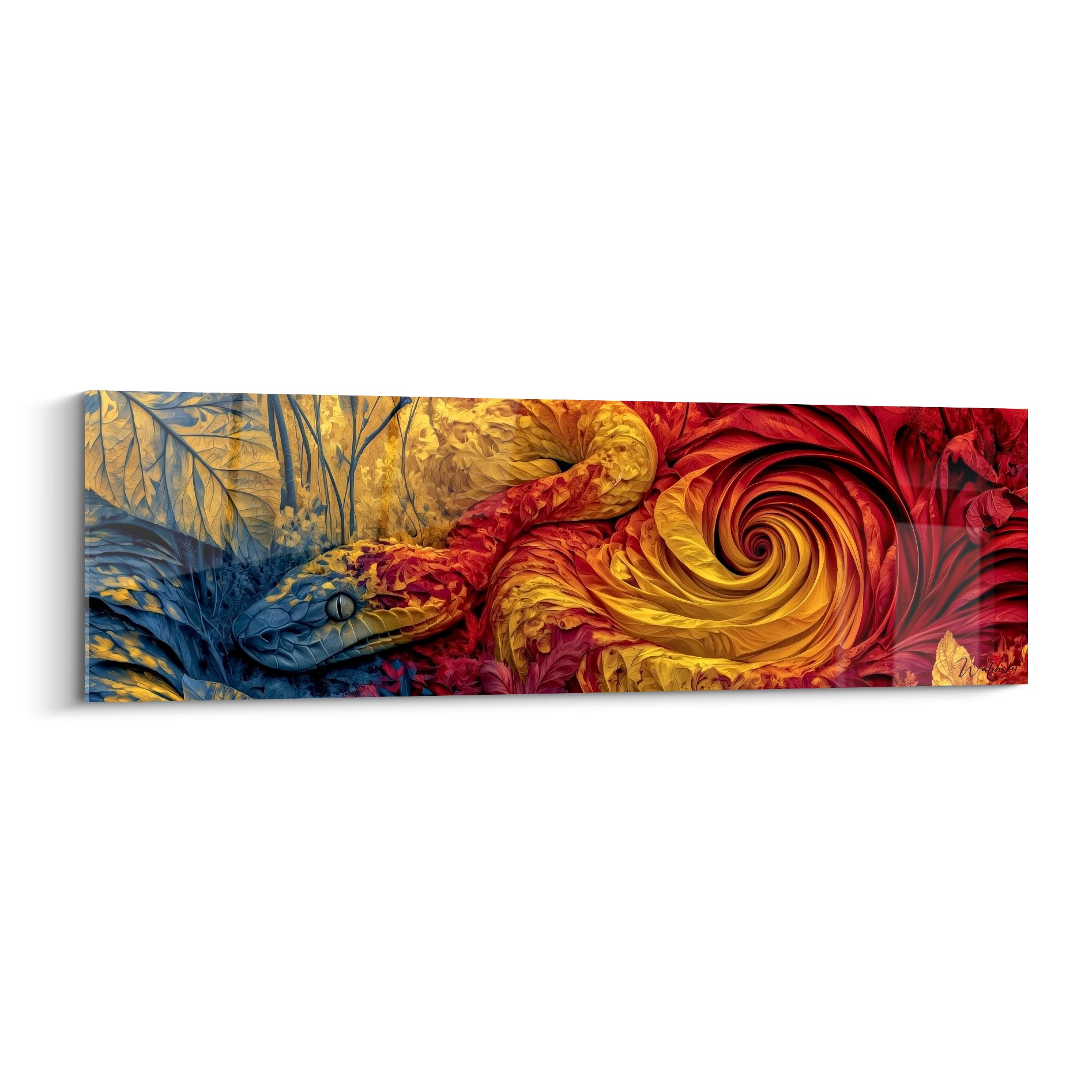 Serpent bleu ardoise et rouge en spirale, corps écailleux traversant un feuillage doré et ocre