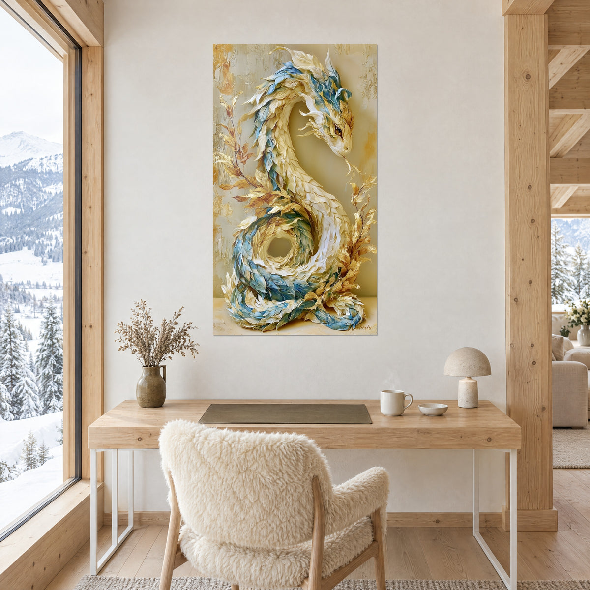 Tableau ouroboros emplumé blanc cassé, bleu océan et rameaux ocre sculptés, sur un mur de bureau en bois clair