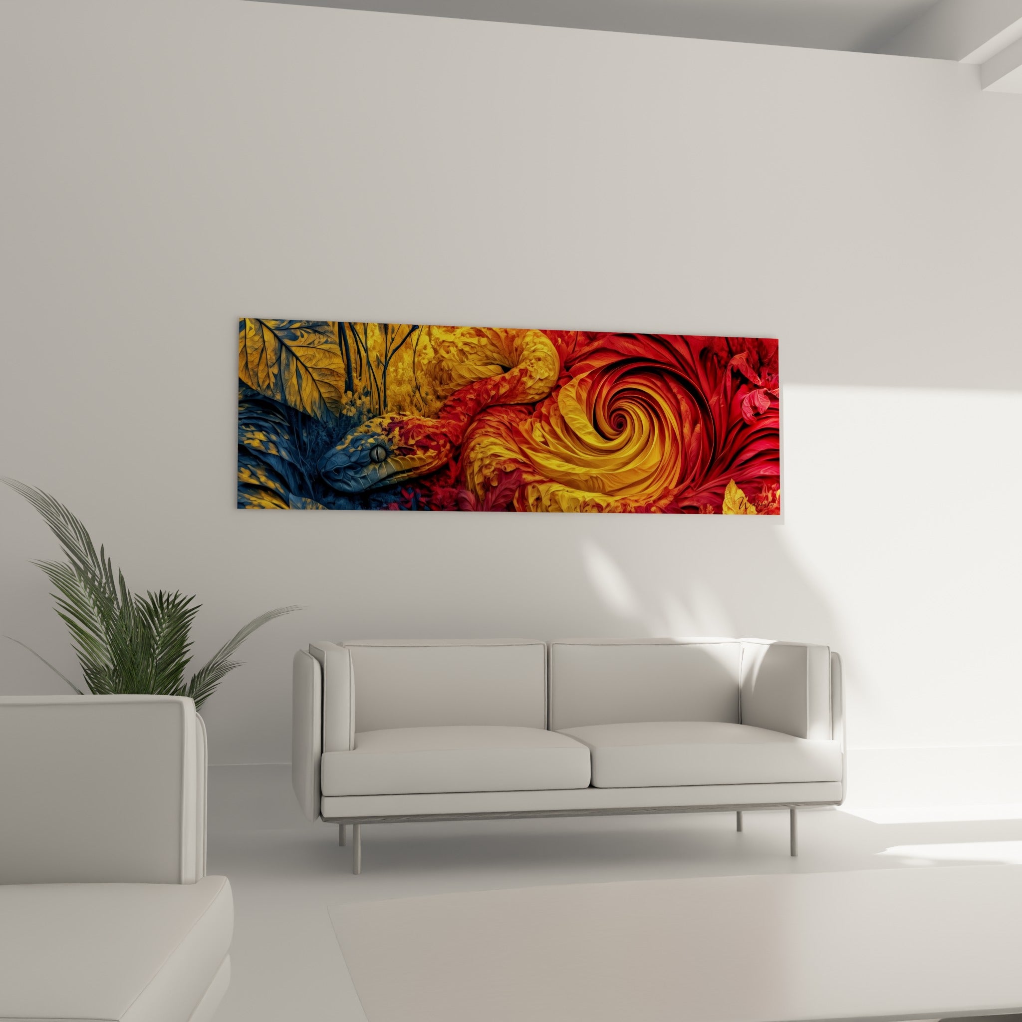 Créature ondulante en bleu et rouge flamboyant, disposée au-dessus d'un canapé dans un salon lumineux