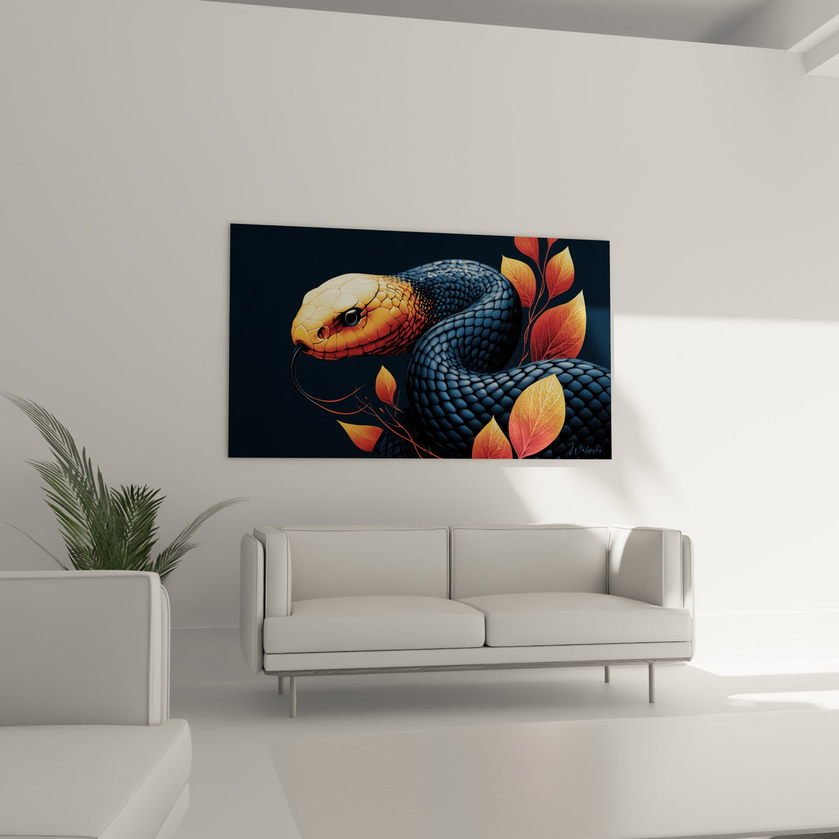 Cobra sombre aux tons terracotta et crème, disposé au-dessus d'un canapé dans un salon lumineux
