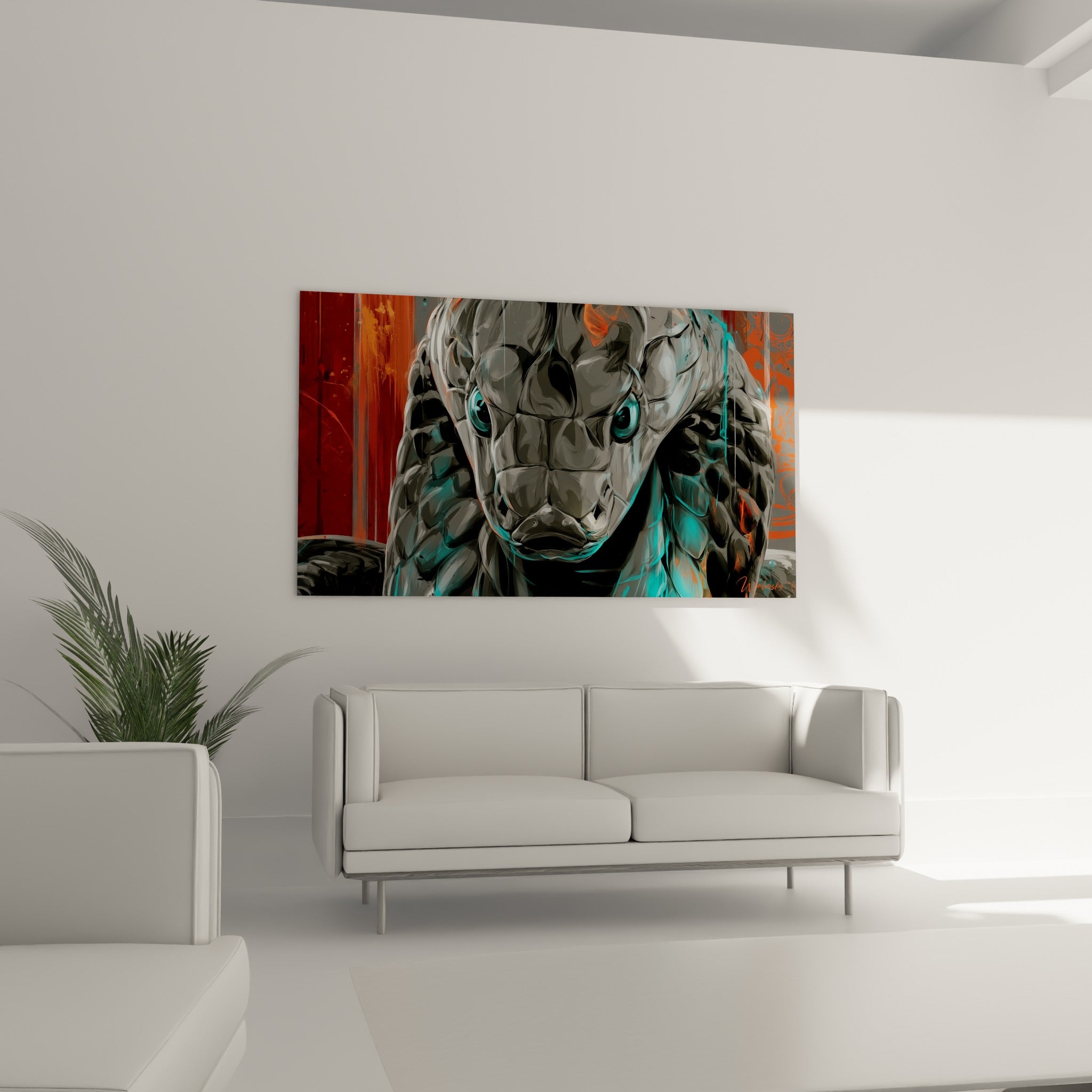 Tête de serpent gris et rouge terracotta, regard turquoise vif, tableau au-dessus d'un canapé dans un salon lumineux