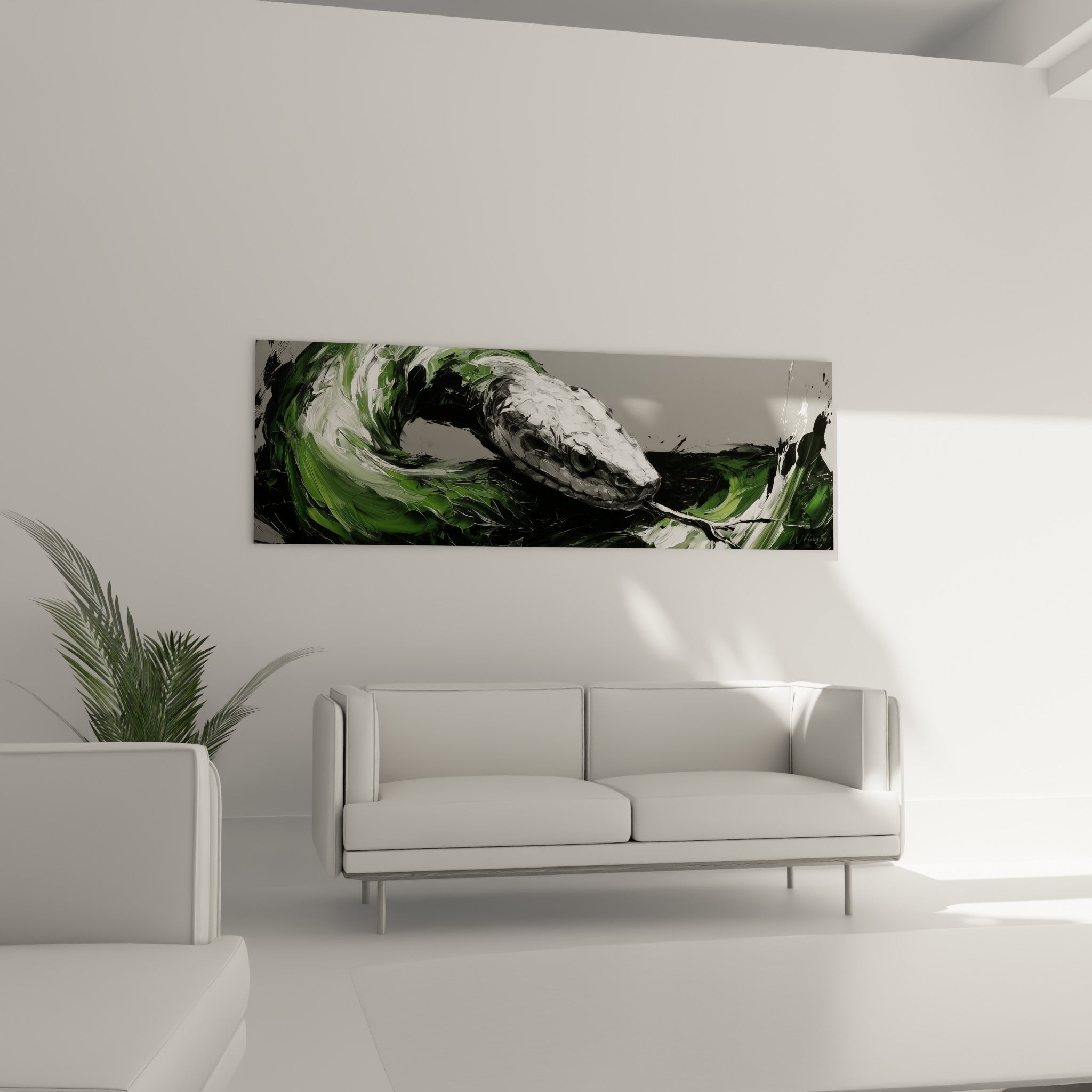 Tête blanche et corps vert sauge du serpent peint, au-dessus d'un canapé dans un salon lumineux.