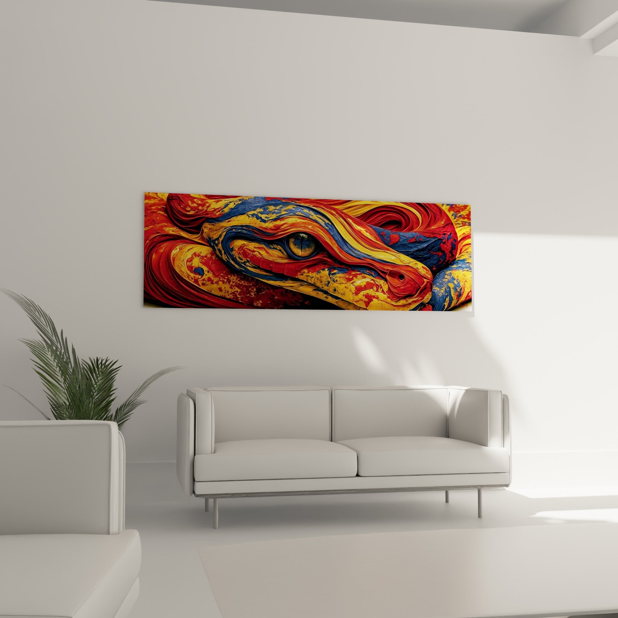 Tête de serpent rouge et dorée aux reflets bleu marine, au-dessus d'un canapé dans un salon lumineux
