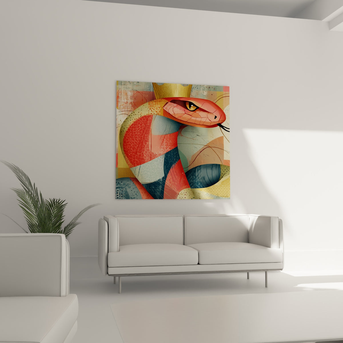 Tête de serpent couronnée aux tons rouges et bleus, accrochée au-dessus d'un canapé dans un salon lumineux