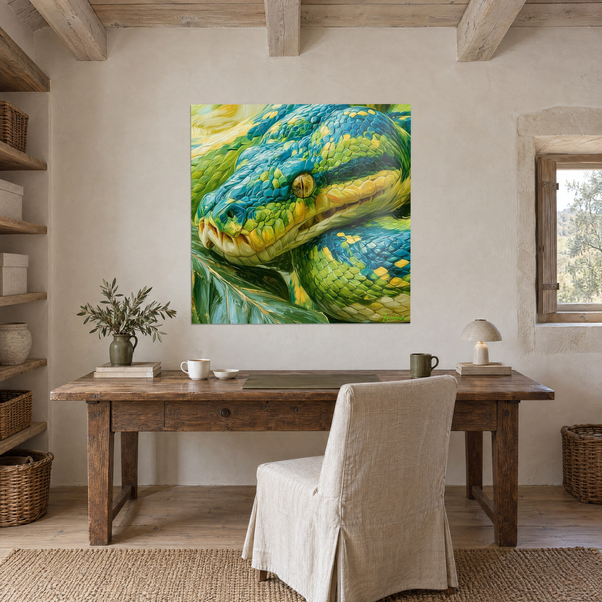 Tableau tête de serpent peinte au couteau, vert prairie, bleu et jaune moutarde, au-dessus d'une table de bureau en bois