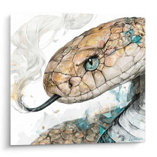 Serpent au regard bleu perçant, écailles beige et ocre fracturées, langue noire dardée sur fond clair