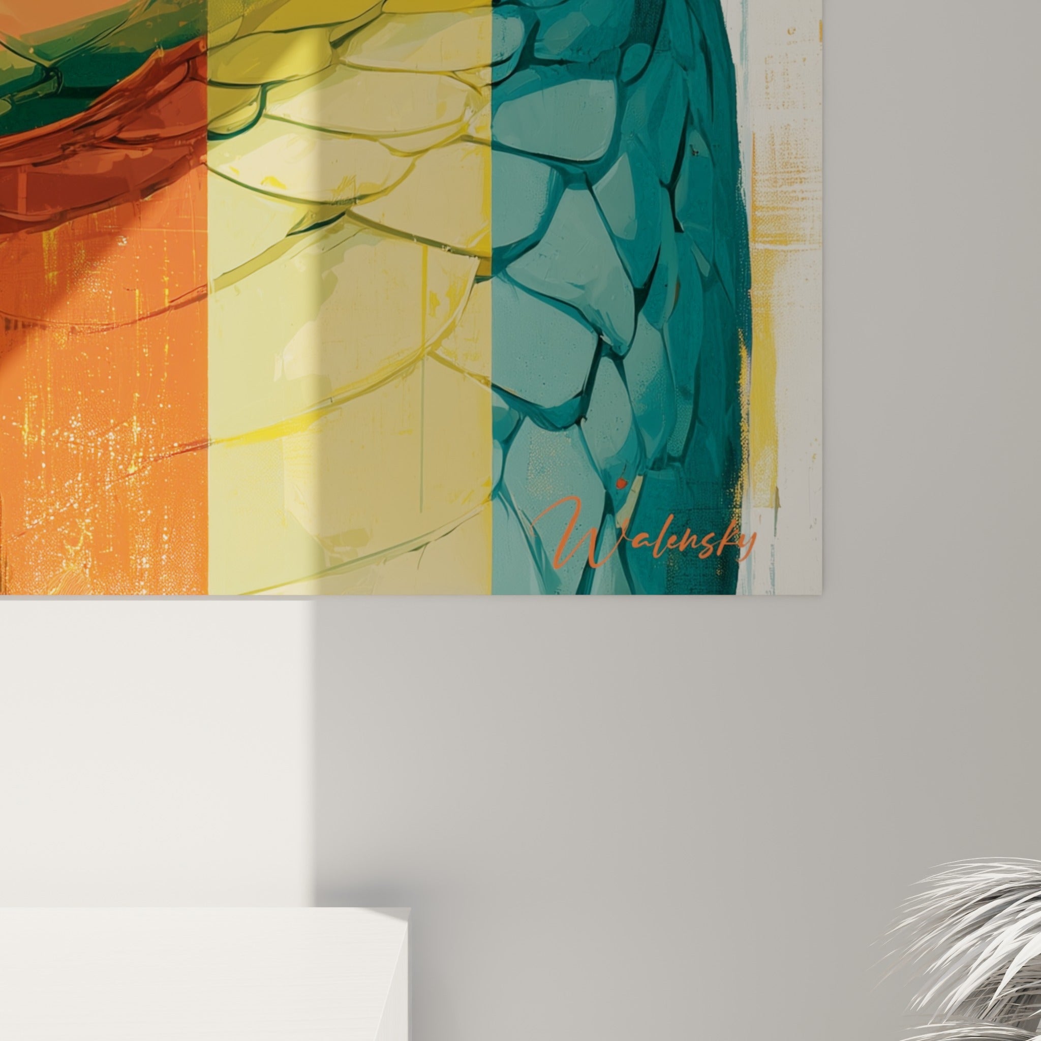 Écailles turquoise et orangées finement détaillées, traits sombres marqués, empâtements visibles sur la toile accrochée
