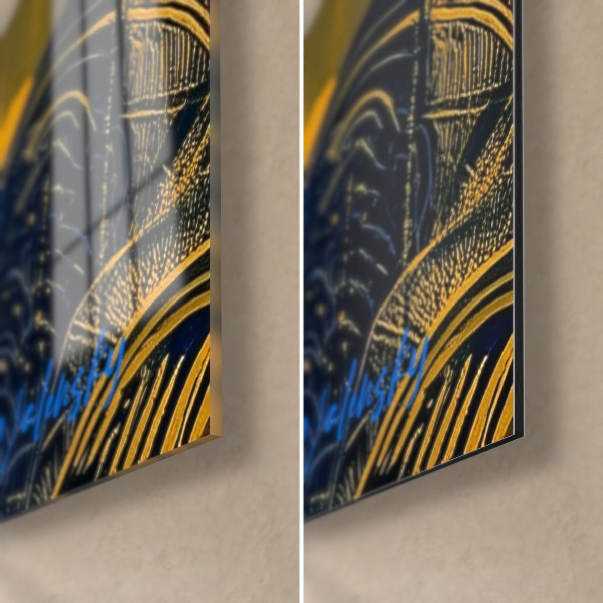 Tableau python bleu marine et jaune moutarde, coin bas droit : verre acrylique brillant à gauche, alu Dibond mat à droite