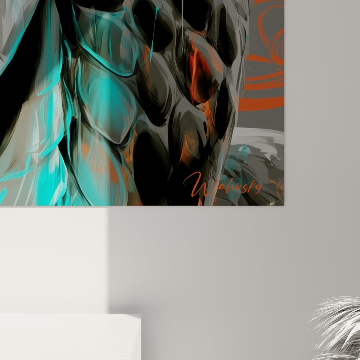 Écailles grises en relief et coulures orangées se mêlent au turquoise des yeux sur cette toile accrochée
