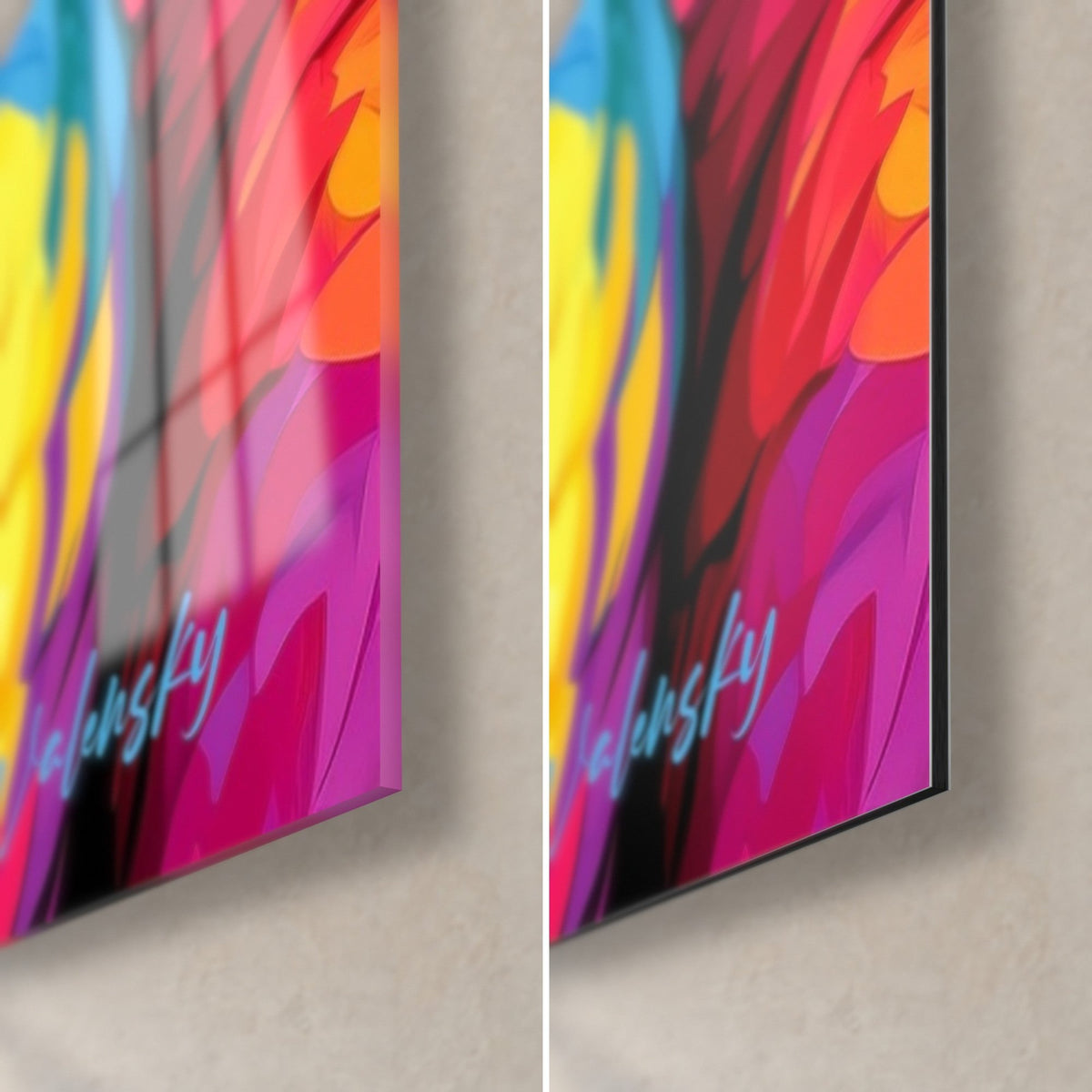 Wall art multicolor cobra, bottom right corner: glossy glass on the left, matte black Dibond on the right, thin 3 mm edge
