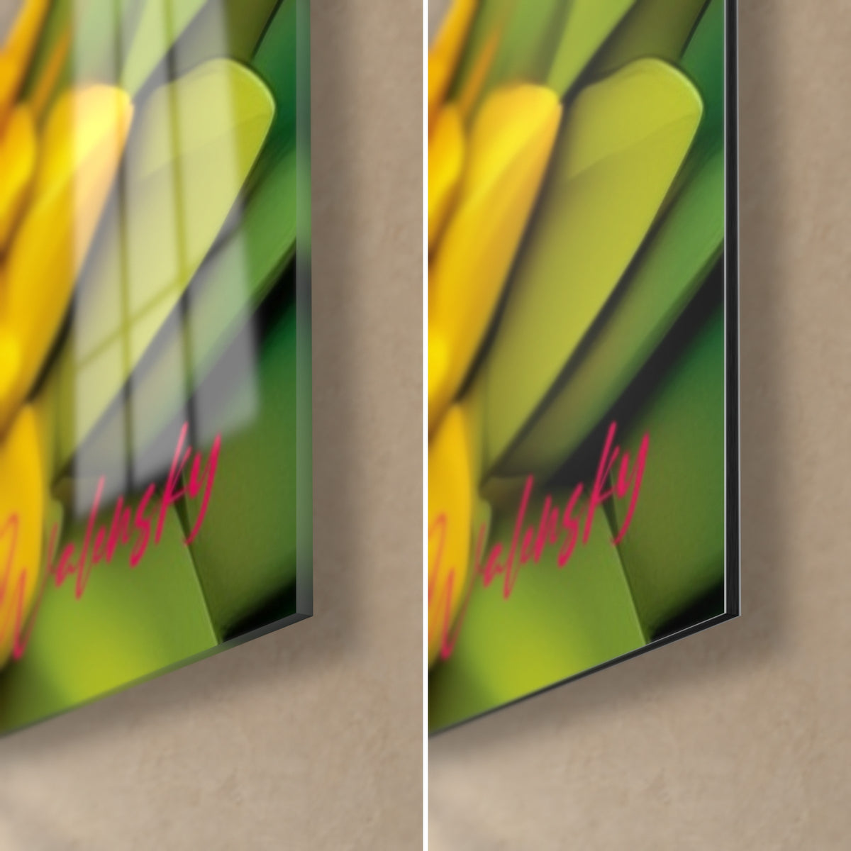 Schilderij veelkleurige slang, rechtsonder: groene en gele schubben, roze handtekening, glanzend acrylglas en mat Dibond, rand van 3 mm