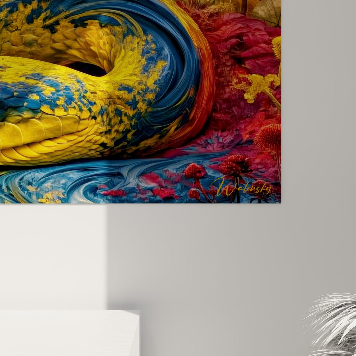 Matière empâtée du tableau révélant les nuances rouge cramoisi et jaune doré du reptile enroulé