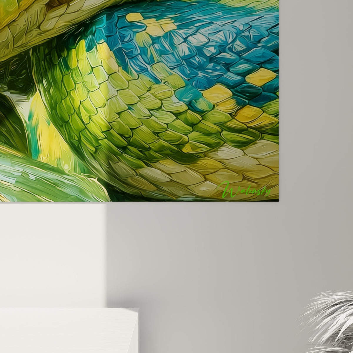 Empâtements colorés bleu et vert sur les écailles du serpent, coulures dorées près de l'œil