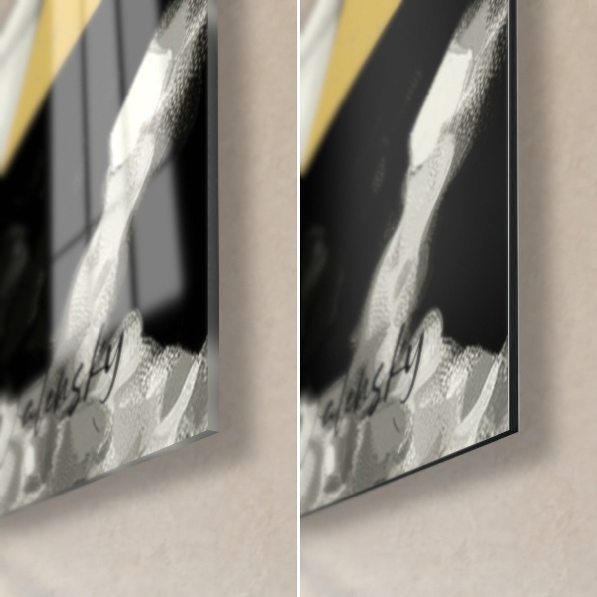 Quadro rettile in nero e avorio, angolo in basso a destra: vetro acrilico lucido a sinistra, alluminio Dibond opaco a destra, bordo di 3 mm