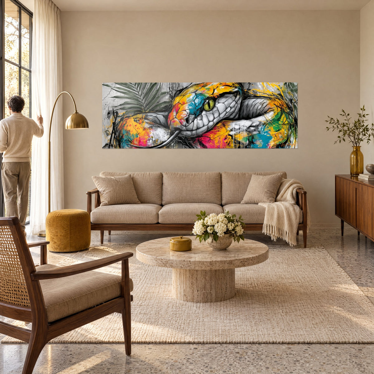 Quadro di un serpente arrotolato con occhio verde, squame grigie e schizzi gialli e rosa, una persona di spalle, sopra un divano in un soggiorno luminoso