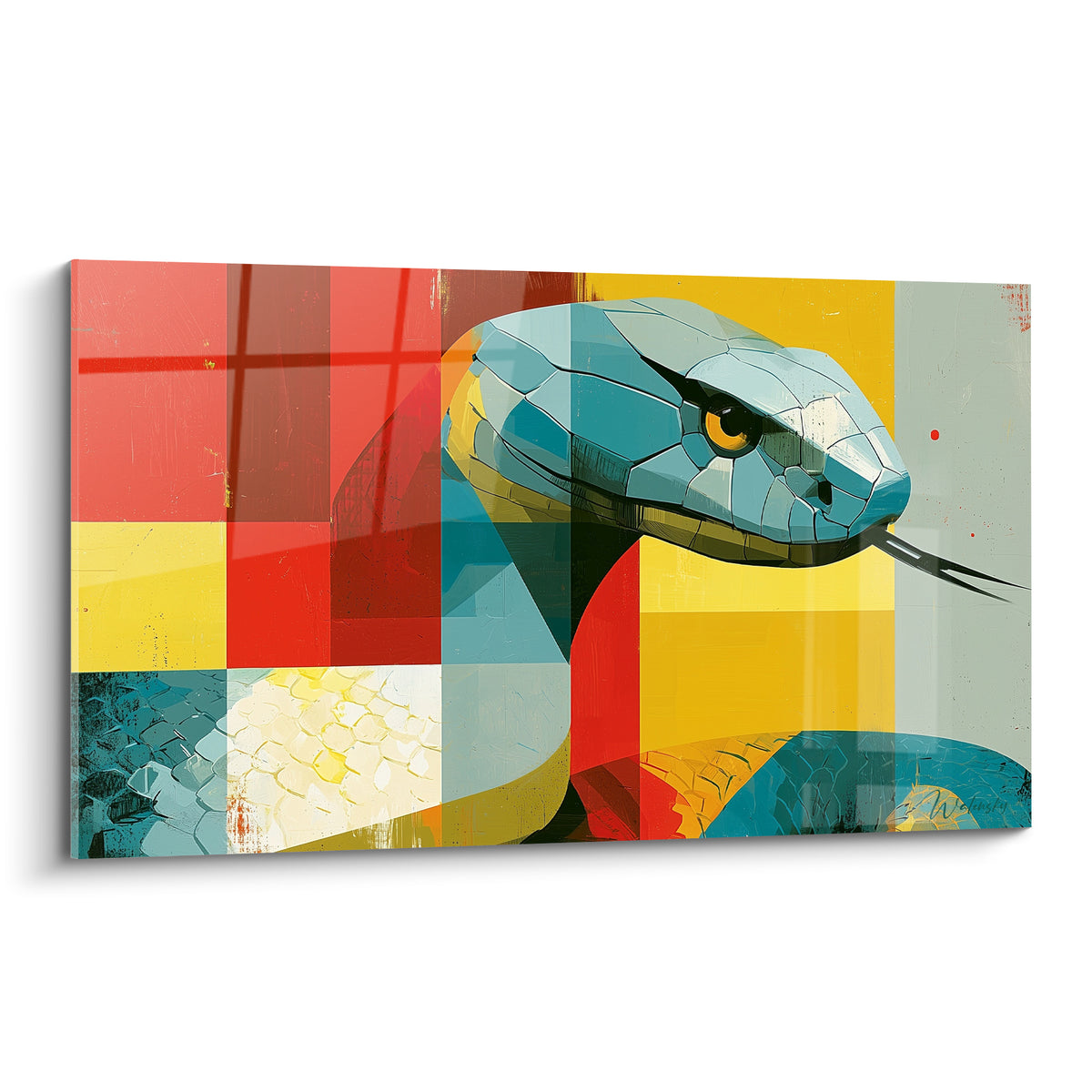 Serpent turquoise à tête géométrique et œil doré sur fond rouge et jaune éclatant