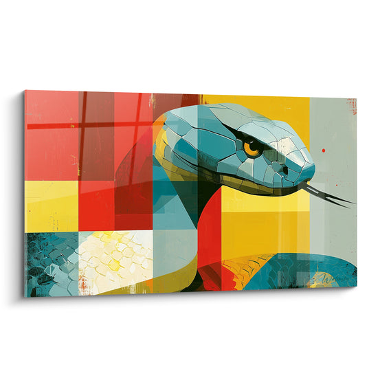 Serpent turquoise à tête géométrique et œil doré sur fond rouge et jaune éclatant