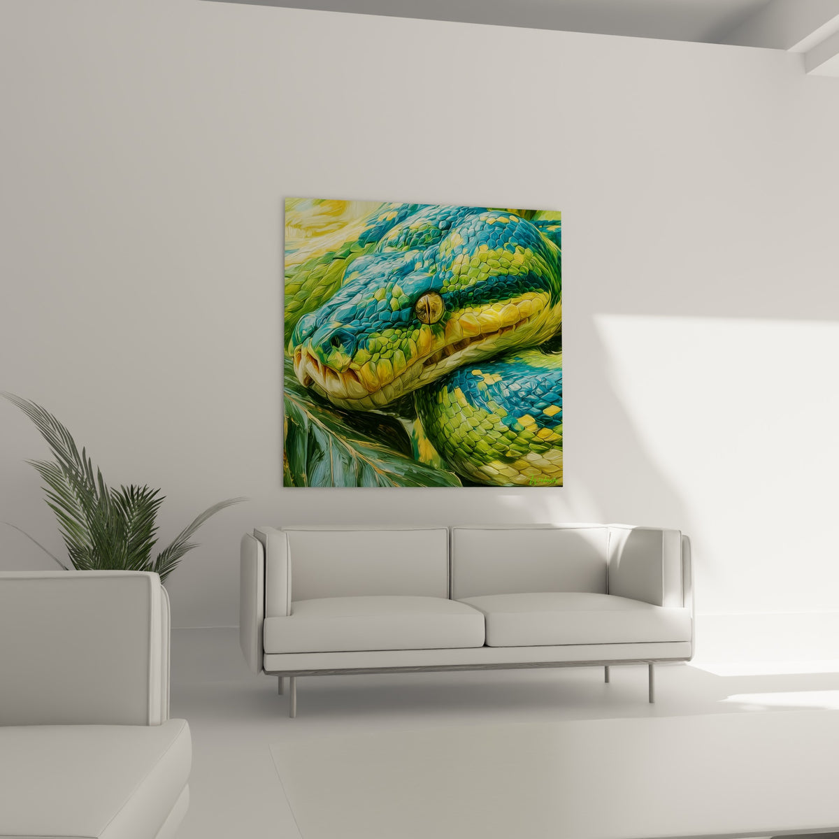 Reptile aux écailles turquoise et jaune moutarde au-dessus d'un canapé dans un salon lumineux