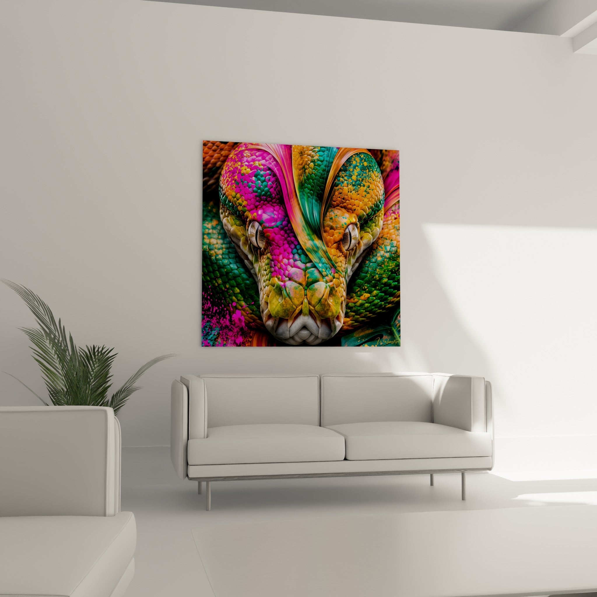 Tête de serpent turquoise et magenta aux yeux perçants, au-dessus d'un canapé dans un salon lumineux