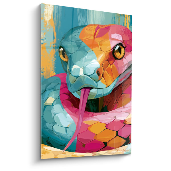 Tableau Serpent turquoise et rose langue fourchue démesurée - Yeux dorés perçants - Edition Serpent