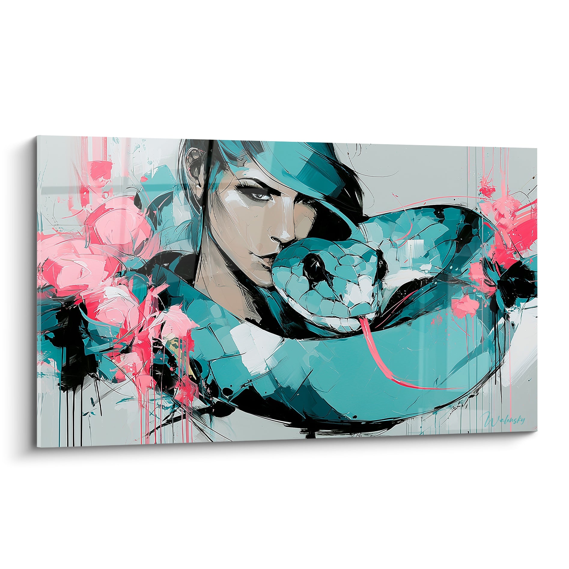 Serpent turquoise enlaçant un visage féminin, taches roses et coulures noires vibrantes