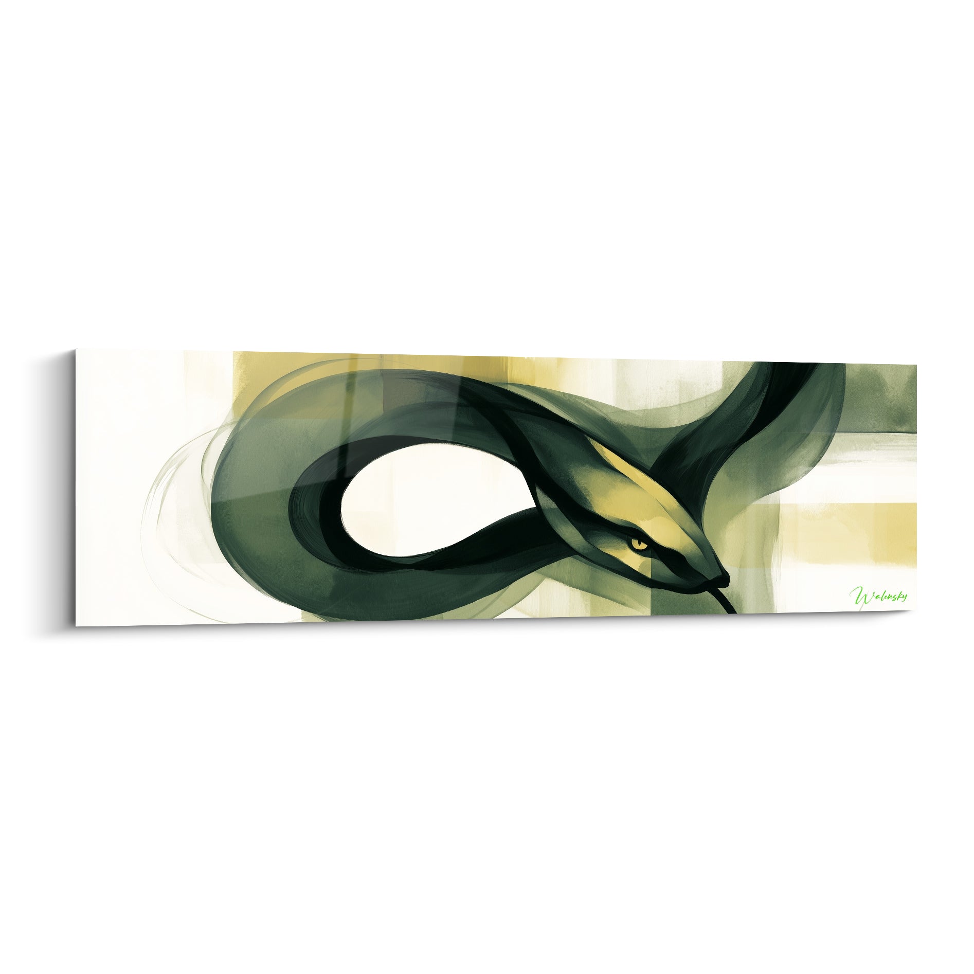 Serpent vert anthracite et doré lové en spirale sur fond ivoire et jaune pâle